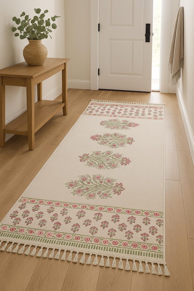 Cotton area runner rug Block print rug runner for hallway, stair yoga mat bohemian rugs bathroom runner outdoor patio décor area rug
