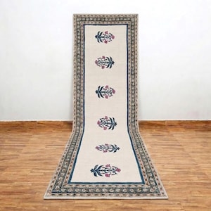 Cotton Stair Runner, Hand Block Print, Washable Cotton Runner for Hallway Kitchen Entryway Washable Bath Mat, Floral Rug, Hallway Rug Runner