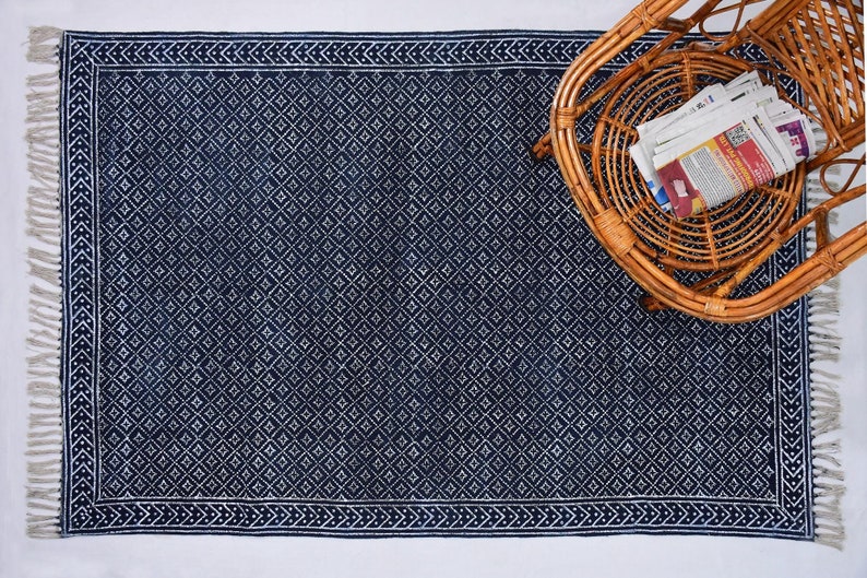 Hand Block Printed Blue Cotton Rug, Bohemian Home Decor - Etsy