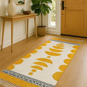 Geel katoenen tapijt Blokdruk tapijt Geometrisch geel tapijt Loper tapijt Keuken tapijt Tafelkleed Slaapkamer tapijt Hal tapijt - Arts of Ja