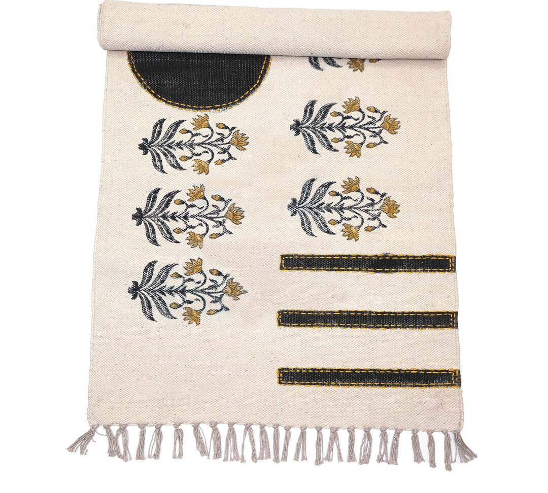 Kantha Rug, Black Cotton Rug, Floral Area Rugs, Outdoor Runner, Custom ...