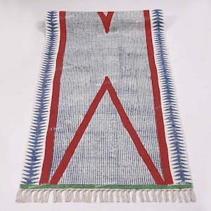 Red Cotton Runner Rug: Hand Block Printed Bohemian Floor Mat