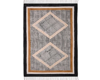 Handmade cotton runner rug, blue indian block print, home decor (180 x 60 cms)