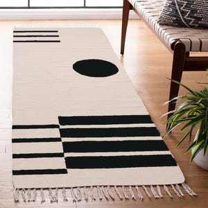 Hand Block Printed Cotton Runner Rug - Black Modern Area Rug