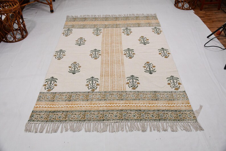 Indian Dhurrie Rug, Block Printed Rug, Modern Cotton Rug, Stair Woven Cotton Durries, Dining Room Living Room Rug, Navajo Kilim Rug