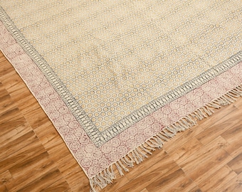 Hand Block Printed Cotton Dhurrie, Floral Indian Dhurrie, Custom Rug Carpet