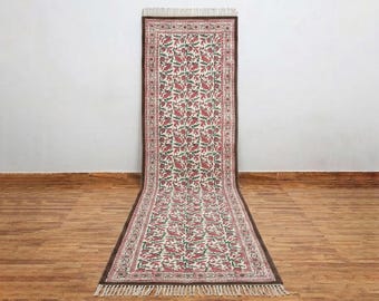 Hand Block Printed Cotton Runner Rug - Bohemian Hallway Carpet, Hand Washable Indian Dhurrie 2x10 ft