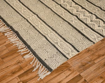 Cotton Runner Rug: Hand Block Printed Cotton Rug Gray Geometric Area Rug Indian Washable Dhurrie Kitchen Living Room 4x6