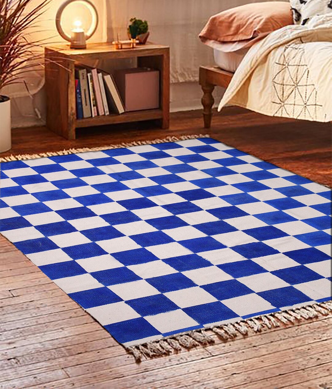Hand Block Printed Cotton Rug: Chess Board Dhurrie, Jaipur Art - Etsy