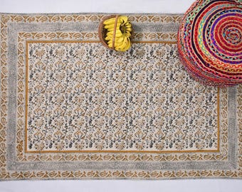 Hand Block Printed Cotton Dhurrie Rug Boho Floral Area Rug