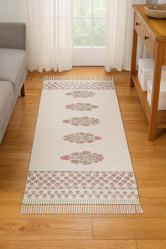 Cotton area runner rug Block print rug runner for hallway, stair yoga mat bohemian rugs bathroom runner outdoor patio décor area rug