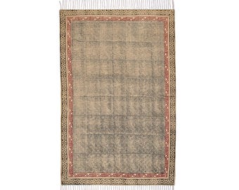Blue Cotton Dhurrie Rug, Handmade Indian Block Print Area Rug, Flatweave Boho Living Room Rug, 5x5 8x8 9x9 Ft Custom Size