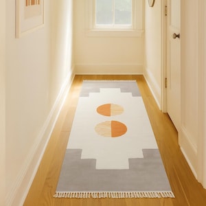 Katoenen boho geometrische katoenen loper, grijze en oranje halmatten, vloerkleed voor de keuken, moderne minimalistische keuken entree vloe