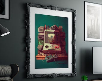 Retro Gaming Console Art Print: Vintage Game Room Decor (Digital Download)