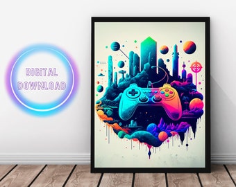 Neon Gaming Controller Poster: Game Room Wall Art (Digital Download)