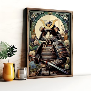 Art Nouveau Samurai Cat, Digital Wall Art for Cat Lovers & Japan Enthusiasts, Cat Poster, Kawaii Room Decor, Japanese Animal Poster, Funny