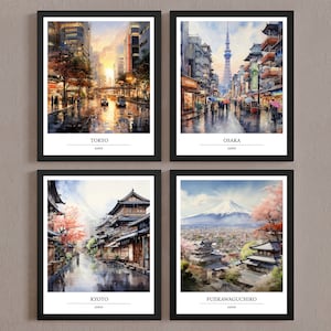 Set of 4 Print, Japanese Print Set, Gallery Wall Set, Japanese City Travel Poster, Colorful Poster Set, Tokyo, Osaka, Kyoto, Fujikawaguchiko