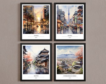 Japanese City Poster Set: Tokyo, Osaka, Kyoto, Fujikawaguchiko (Digital Download)