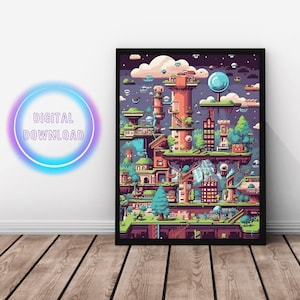 Retro Arcade Cityscape Art Print: Vintage Game Room Decor (Digital Download)