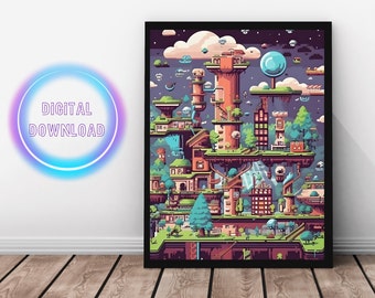 Retro Arcade Stadtbild Kunstdruck: Vintage Spielzimmer Dekor (Digitaler Download)