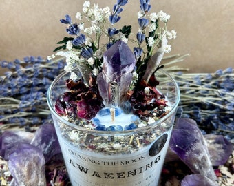 Awakening Intention Crystal Candle - Botanical Blend - Bahai Amethyst - Soy Candle - Intention Candle - 3rd eye - Stocking Stuffer