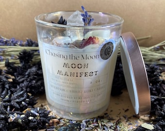 Moon Manifest Intention Candle - Moon Candle - Soy candle - New Moon Candle - Full Moon Candle - Dried Herbs and Crystals - stocking stuffer