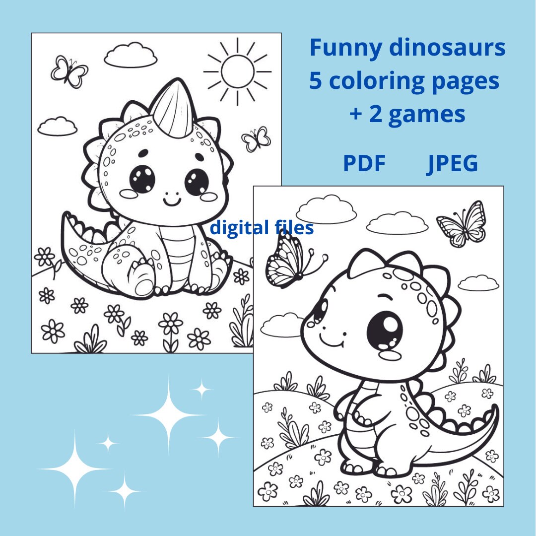 Funny Dinosaurs Coloring Pages for Kids 5 Coloring Pages 2 Games Instant PDF JPEG Download ...
