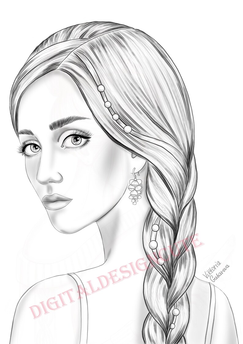 Girl With a Pigtail. Coloring Page. Instant Download of PNG and PDF Etsy
