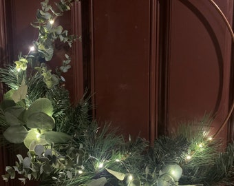 Simple Greenery Holiday Hoop Wreath, Pine and Eucalyptus Wreath, Lighted Holiday Hoop Wreath, Boho Christmas Wreath, Macrame Holiday Wreath