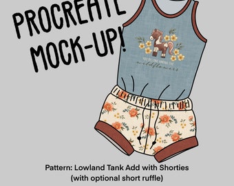 Procreate Line-art Mockup- Lowland Tank Add-on with Shorties, with Optional Ruffle On Shorts.