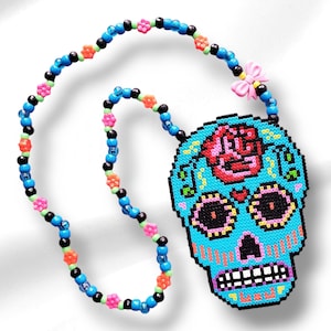 Sugar Skull Rose Mini Perler Bead Rave Kandi Necklace