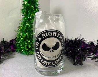 Jack Skellington Beer Can Glass | Personalized 16 oz. Glass | Nightmare Before Coffee Glass | Glass Set | Gift Idea | Holiday Cup