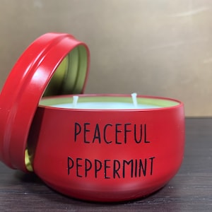Peaceful Peppermint Soy Wax Candle | Candy Cane Non-Toxic Soy Candle | Peppermint Scented Candle| Winter Themed Candle | Tin Candle
