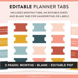 May include: Printable planner tabs with three pages: months, blank, and editable. The tabs are in various colors, including red, yellow, blue, and pink. The text on the tabs reads "January", "February", and "March".
