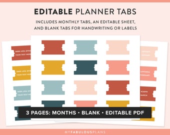 Printable Divider Tabs | Editable Planner Tabs | Tabs Template Foldable | Custom Monthly Blank | 12 Month Tabs | Modern Colors