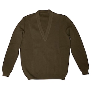 May include: A solid dark olive green long-sleeve sweater featuring a deep V-neckline. The garment is constructed with a fine knit texture, ribbed cuffs at the wrists, and a ribbed hemline at the bottom, providing a clean and structured appearance.