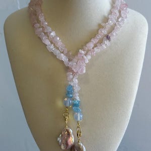 Rose Quartz Baroque Pearl necklace, pink gemstone necklace, 14K gold filled pink pearl necklace, sparkly pink gemstone jewelry, pink pearls