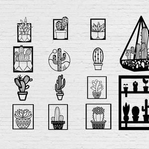 May include: A collection of 15 black and white cactus illustrations in various styles, including potted cacti, cacti in geometric shapes, and a cactus terrarium. The illustrations are arranged in a grid pattern on a white brick wall background.