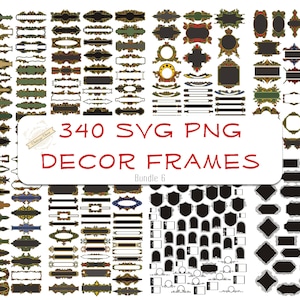 Paquete de 340 Svg y Png con elementos de marco, texto, monograma, divisores, marcos, arte, decoración, etiquetas, corte láser, grabado