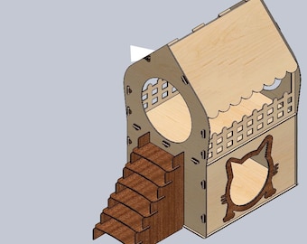 May include: A wooden cat house with a ramp and a cat-shaped opening. The house has a roof and a small window. The ramp has five steps.