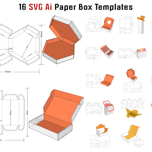 16 SVG Ai Packaging Shipping Box Laser Cut Template Bundle Cricut Silhouette Packaging Shipping Files Christmas Valentine Favor Gift Boxes