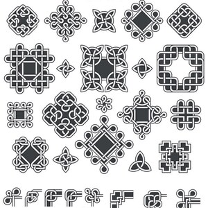May include: A set of 36 black and white Celtic knot designs. The designs include various shapes, such as squares, triangles, and circles. The knots are intricate and detailed, and they would be perfect for use in a variety of projects, such as jewellery, tattoos, or home decor.