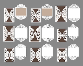 Pode incluir: Conjunto de 12 modelos de convite de casamento cortados a laser com designs florais intrincados. Os modelos são em branco e marrom, alguns com um espaço em branco para o texto.