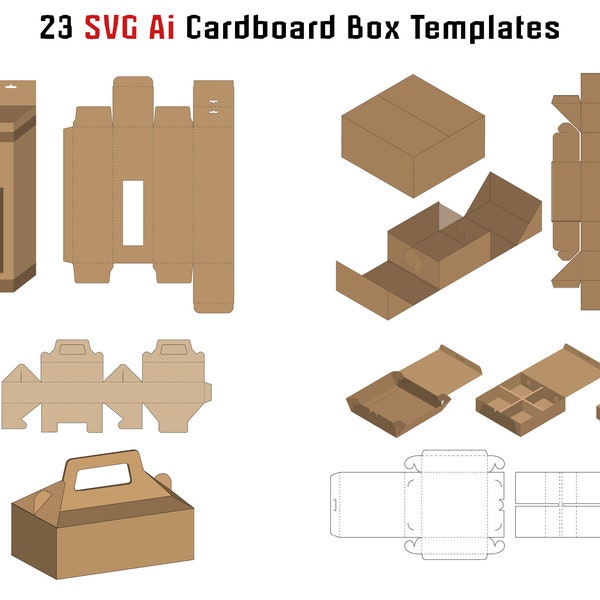 23 SVG Ai boîte en carton Laser Cut modèle Bundle Cricut Silhouette emballage fichiers d'expédition Noël Valentine faveur coffrets cadeaux