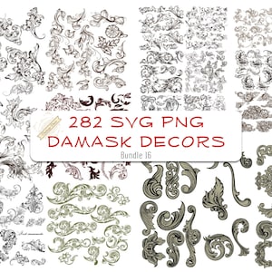 Vintage Damask Swirl Decor Set Hochzeitskarte Vorlage Dekor Individuelle 282 SVG PNGs Cnc Laser Cut Gravur Vektor-Datei