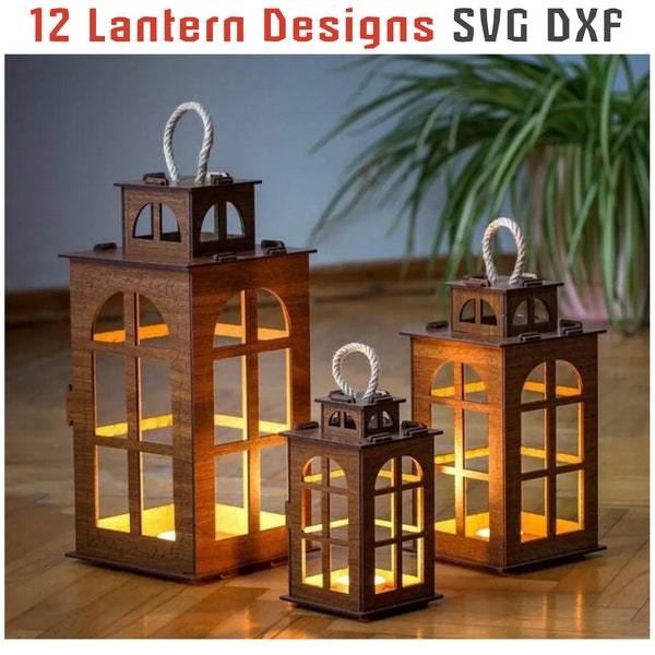 12 Laternen Set Teelicht Kerzenhalter SVG Dxf 3 mm Holz Laser Cut Led Light File