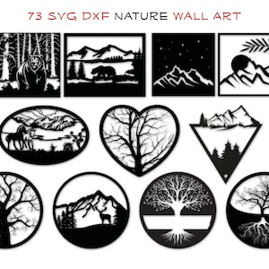 73 SVG DXF Metall Holz Wand Kunst Bundle für Cnc Laser Cut Fräser Maschine Laser Plasmen Cut Datei Blatt Baum Herz Hirsch Pferd Bär Berg