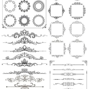 May include: A set of 24 black and white decorative design elements, including ornate frames, borders, and dividers. These elements can be used for scrapbooking, card making, invitations, and other craft projects.