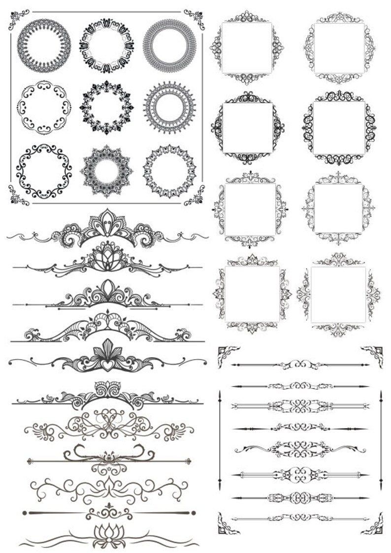 May include: A set of 24 black and white decorative design elements, including ornate frames, borders, and dividers. These elements can be used for scrapbooking, card making, invitations, and other craft projects.