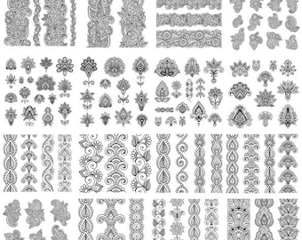 Könnte beinhalten: Ein Set mit 100 schwarzen und weißen floralen und Paisley-Designelementen. Die Designs umfassen Bordüren, Ecken und einzelne Motive. Diese Designs sind perfekt zum Erstellen von Einladungen, Karten und anderen Papierarbeiten.